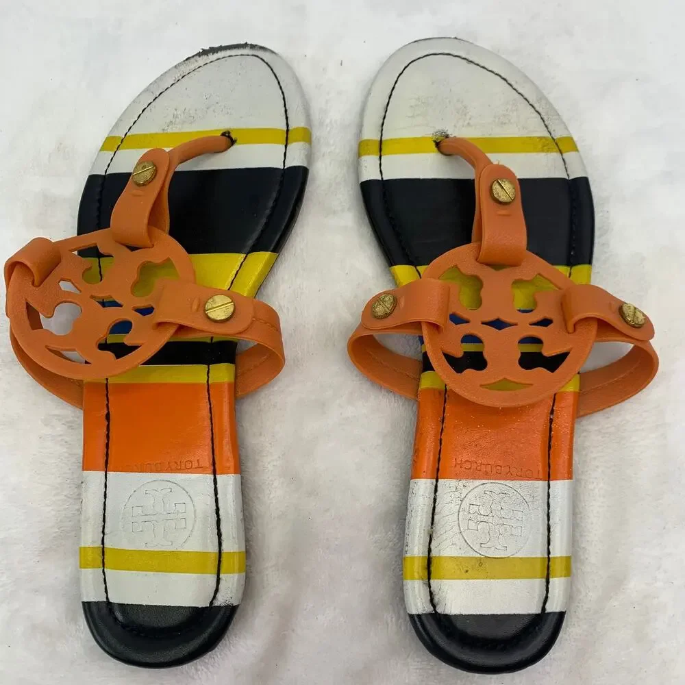 Tory Burch Miller Womens 9.5 Striped Sandals Balloon Stripe Colorful Flip Flops